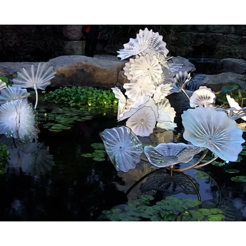 Handmade Glass Lotus Flower Sculpture for Garden Pool Outdoor Yard Decor Art Statue Courtyard Landscape Ornament Home