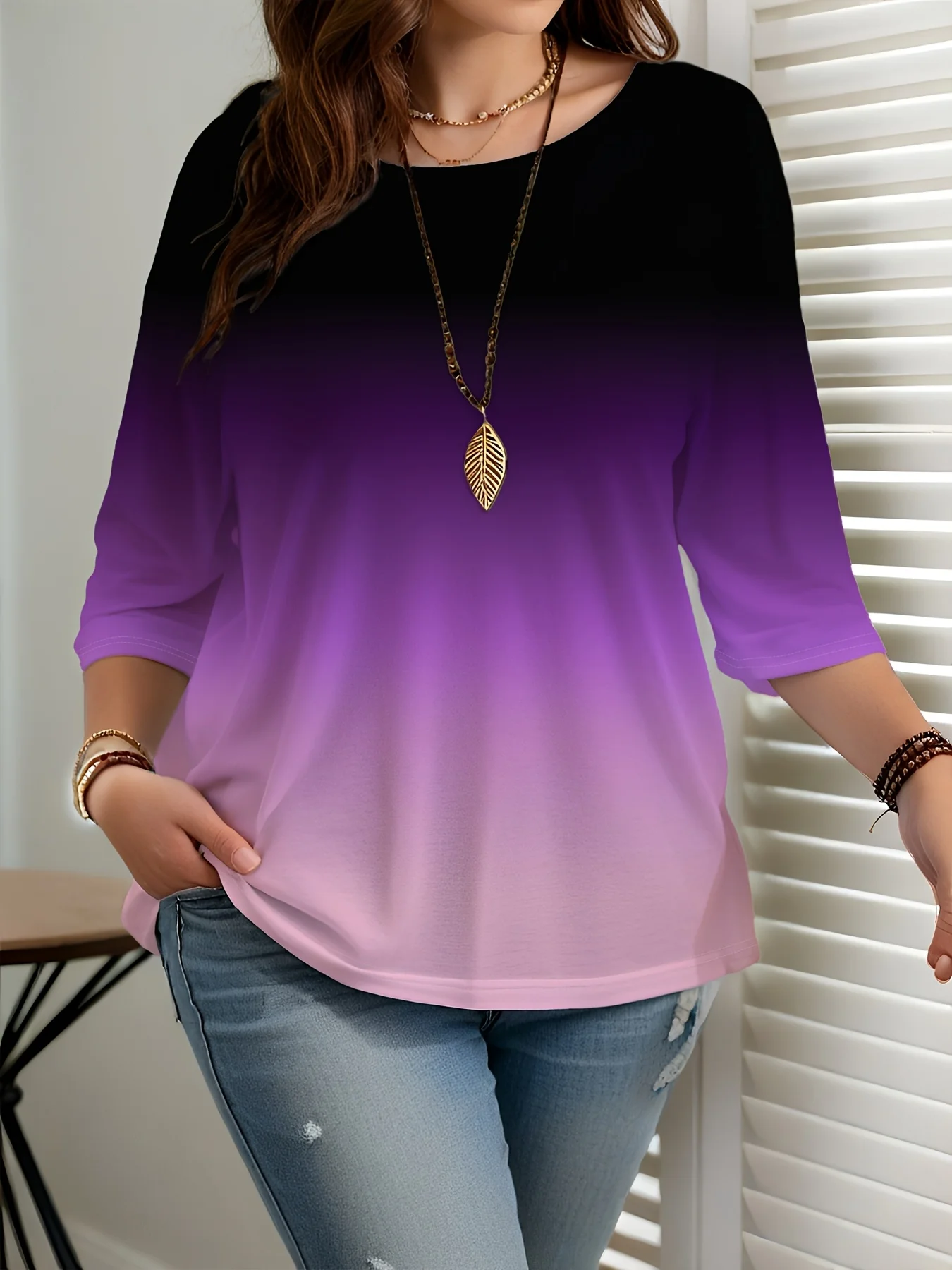 Trendiges Plus-Size-Ombre-Oberteil mit langen Ärmeln für Damen im lässig-schicken Stil – Detail 21