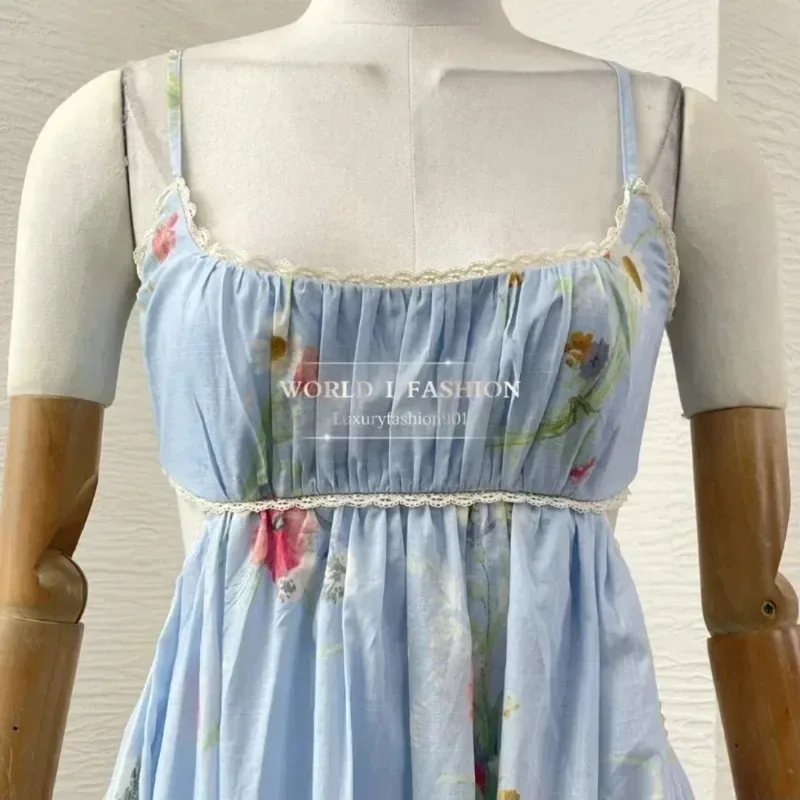 Bawełniana Sukienka Midi Damska Bez Rękawów na Ramiączkach Spaghetti z Wycięciami, Elegancki Kwiatowy Wzór, Niebieska, Wysoka Jakość, Lato 2025