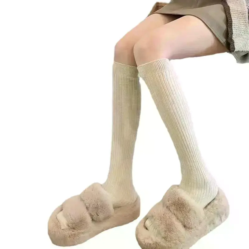 Women Long Socks Casual Cotton: Over Knee-High Fluffy Cashmere Boot Solid Wool Thigh Stocking