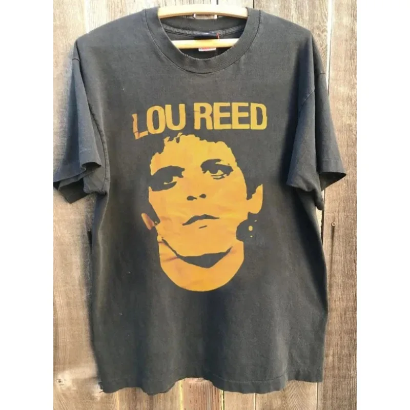 Anthrazitgraues Kurzarm-T-Shirt für Herren und Damen mit Lou-Reed-Gesichtsmuster