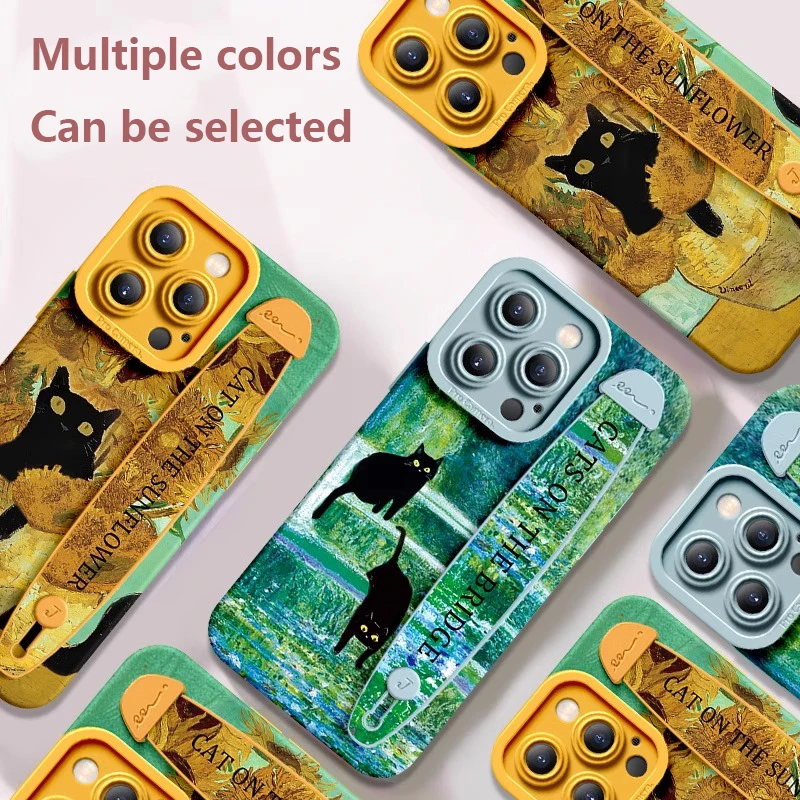 Deluxe Wrist Band Bracket Case For iphone 15 14 13 12 11 Pro Max X XR Xs Silicone Cell Phone Protective Cover Water Lily Cat