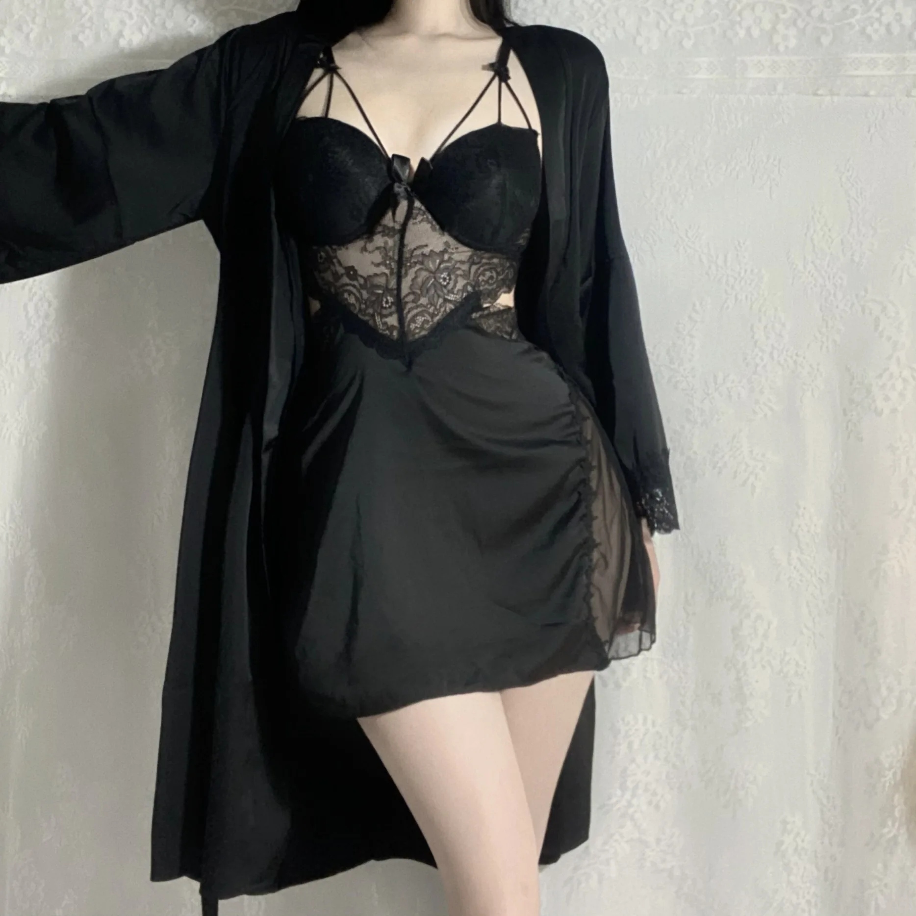 Sexy Patchwork Lace 2PCS Robe Nightgown Set Backless Suspender Nightdress Lingerie Spring Summer Satin Nightwear Loose Home Wear