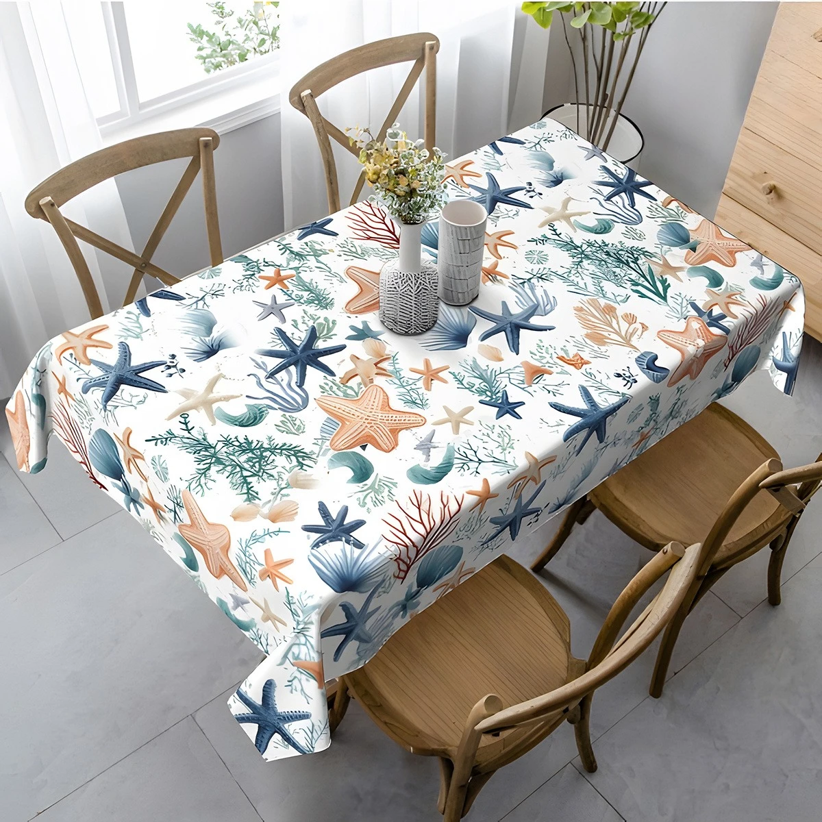 Summer Beach Theme Tablecloth Holiday Party Decor Ocean Nautical Starfish Coral Rectangle Table Cloth Kitchen Dining Table Decor