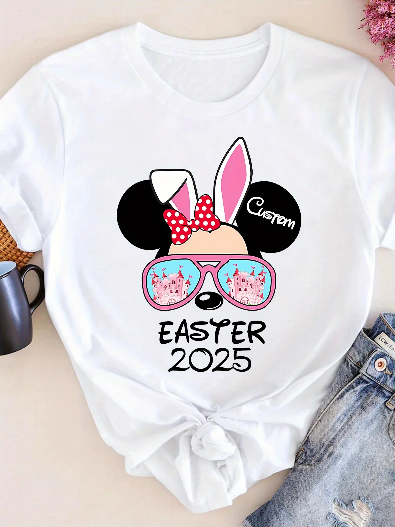 

2025 Disney Pattern Printed Women's Casual Comfortable Unique Smiling Face Black Round Neck Short Sleeve T-shirt