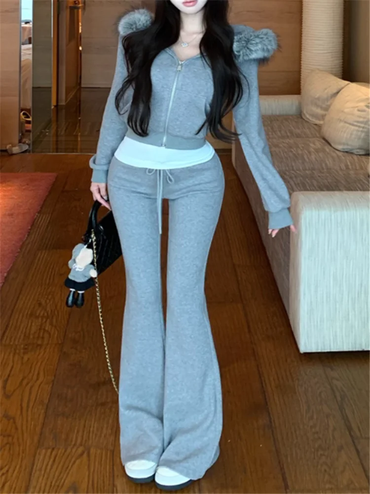 

Women 2025 New Fall Grey 2 Piece Tracksuits Fur Hooded Short Hoodies Coat&High Waist Long Flare Pants Sets Casual 2Pc Suits