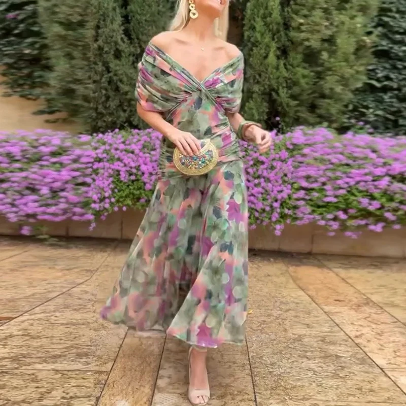 Lente Zomer Effen Mesh Geplooide Jurk Vrouw Elegante V-hals Holle Lange Jurk Korte Mouw Boheemse Vakantie Casual Feestjurken