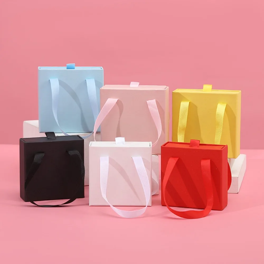 Cardboard Drawer Jewelry Package Box Ribbon Handle With Handle Gift Box Solid Color Sliding Jewelry Organizer Necklaces