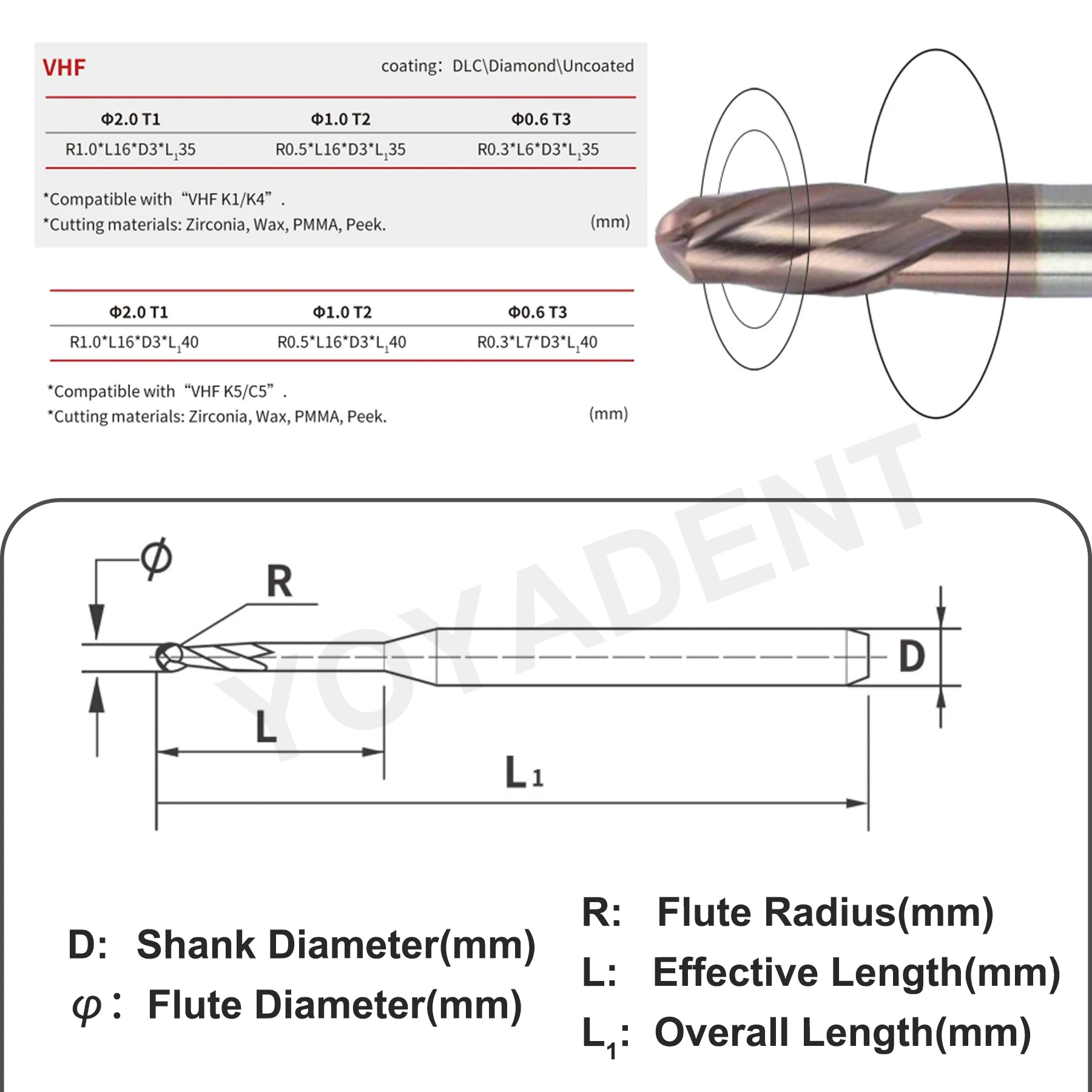 VHF K1/K4/K5/C5 Dental Zirconia Milling Bur DC/DLC Diamond Coated For Cutting Zirconia PMMA Cutters Dentistry Milling Machine