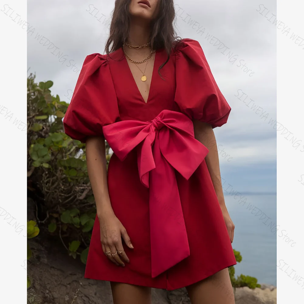 

Red Short V Neck Bow Chic Prom Dresses A-line Short Sleeves Mini-Length Female Party Evening Gown