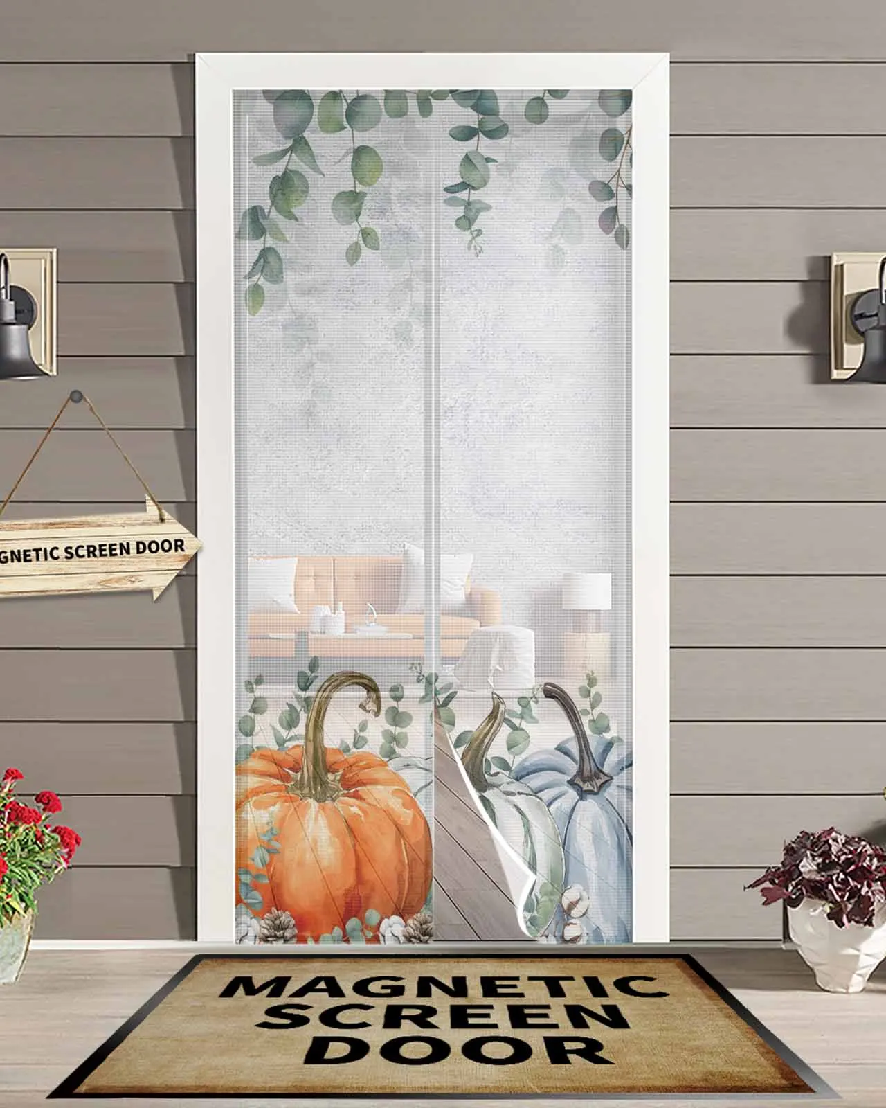 

Thanksgiving Eucalyptus Pumpkin Magnetic Door Curtain Living Room Bedroom Home Anti-mosquito Screen Door Curtain