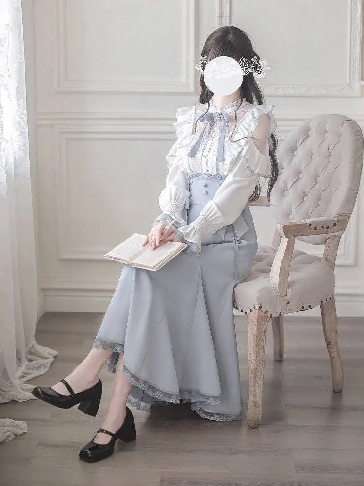 Lolita Style Japanese Sweet 2 Piece Set Woman Sweet Casual Bow Shirt High Waist Elegant Slim Midi Skirt Fashion Lace Skirt Set
