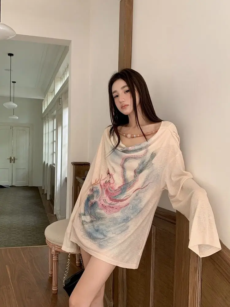 Kimutomo Women New Chinese Style Print Tunic T Shirt Loose Fit Slimming Hot Girl Harajuku Top