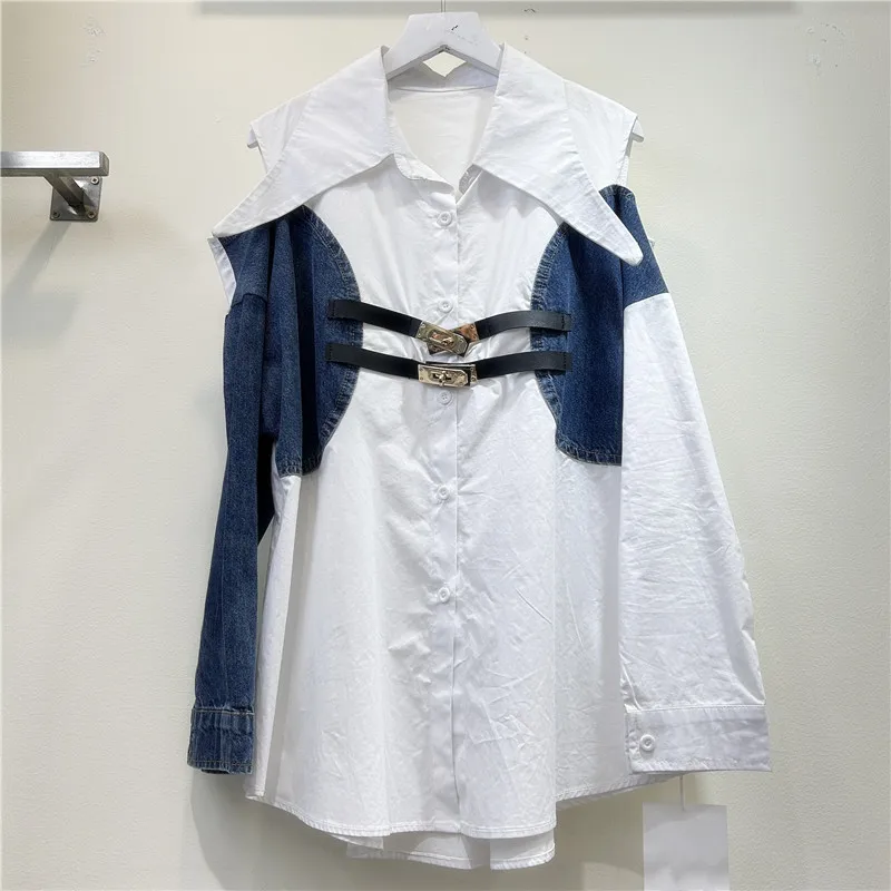 

Женская джинсовая рубашка-топ с эффектом двухслойности, пэчворк, на одной пуговице, винтажная, с эффектом потертости, весна 2026, уличный стиль