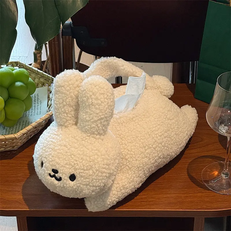 Cute Plush Rabbit Tissue Box Cover, Hanging Lamb Fleece Paper Holder, Cartoon Bunny Napkin Organizer for Home Car Decor Gift