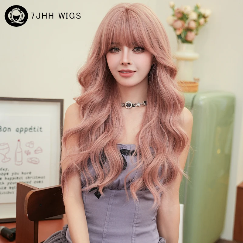 7JHH WIGS Costume Wig Synthetic Body Wavy Sweet Pink Wig for Women Daily Use Fashion Loose Sakura Pink Wigs with Fluffy Bangs