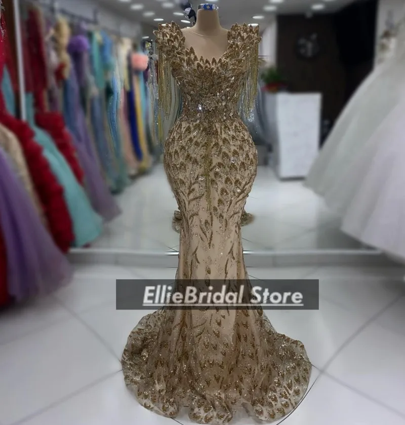 Arabic Dubai Evening Dresses Woman Elegant Crystal Tassel Wedding Party Dress Sheer Neck Mermaid Prom Gowns Customized