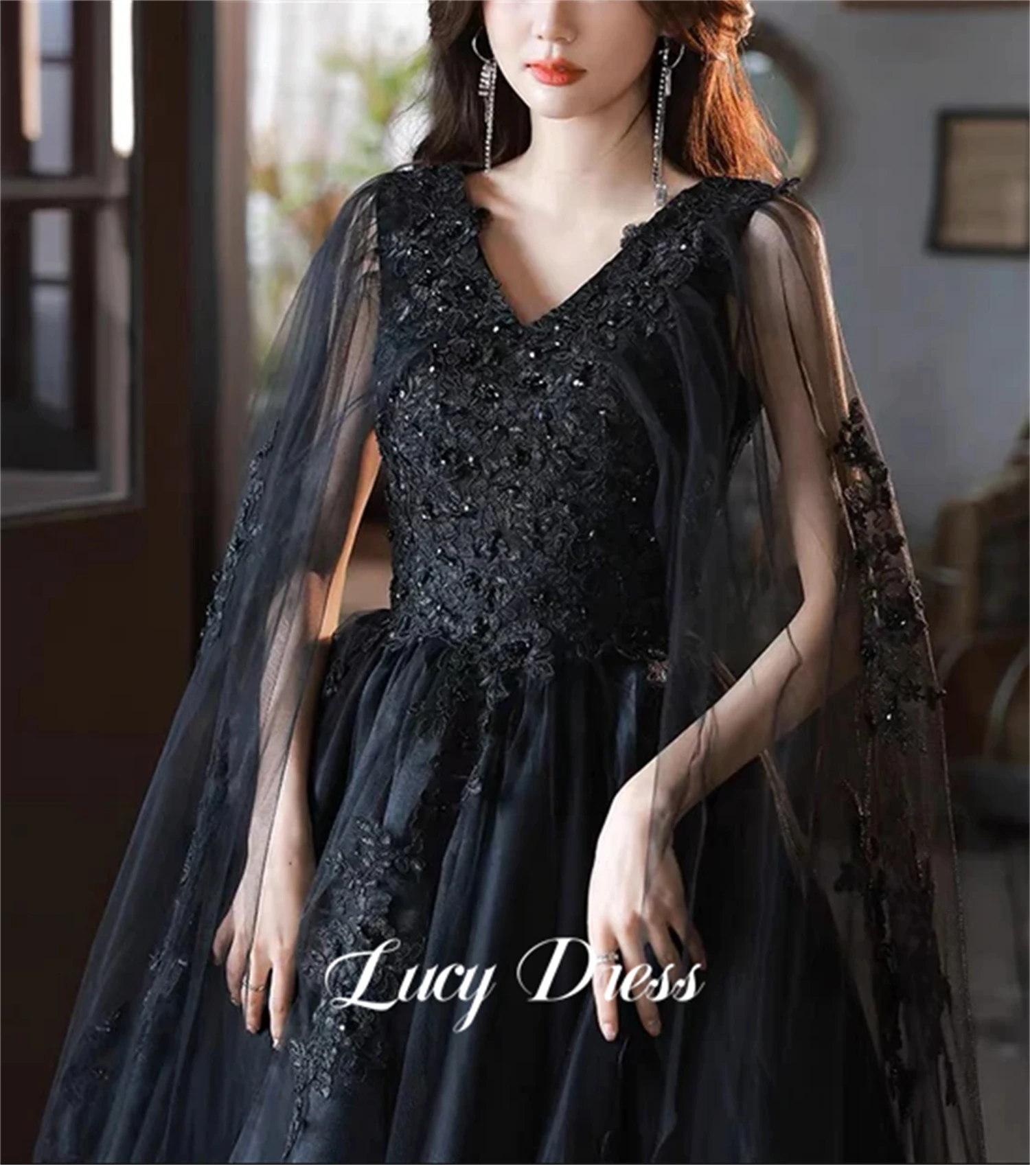 Lucy 3D Decals Gothic Wedding Dress Black Ball Gown Mesh Eid Line A Party Dresses for Women 2024 Robe De Soiree Femmes Formal