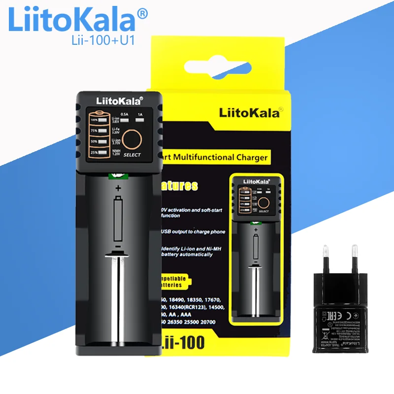 LiitoKala Lii-100C Lii-100 Caricabatteria Per 18650 18350 26650 16340 RCR123 14500 3.7V 1.2V Ni-MH Ni-Cd 2A Caricatore intelligente USB