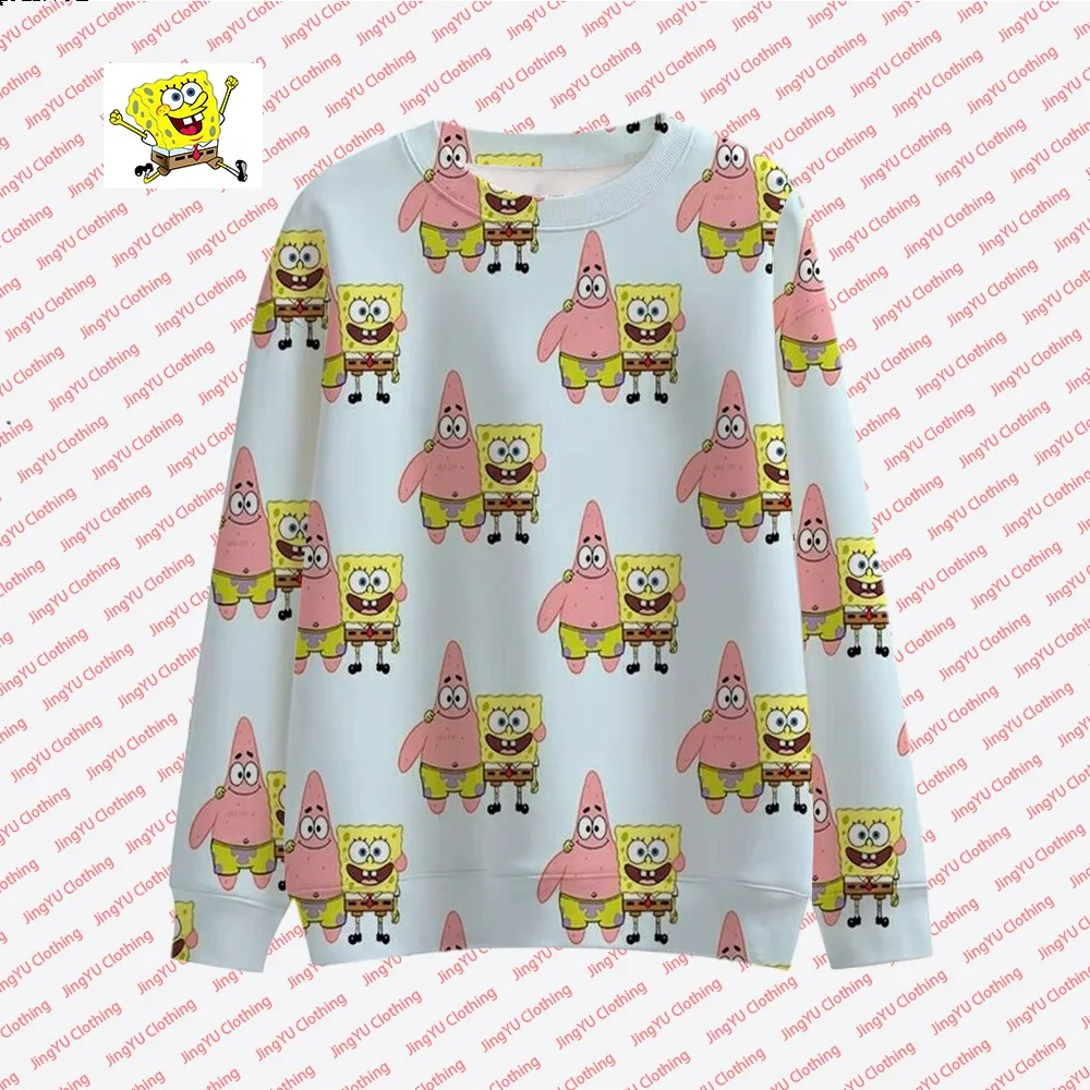 2023 Autumn New Harajuku Street Fashion Casual Tops Round Neck Pullover Children\'s Cute Spongebob Animation Printed Pullover