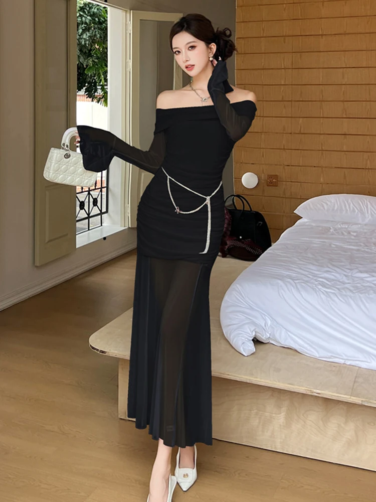 Femmes vêtements de soirée maille pure Sexy épaules dénudées maigre Maxi longue Robe en queue de poisson élégante dame mode fête bal robes Robe