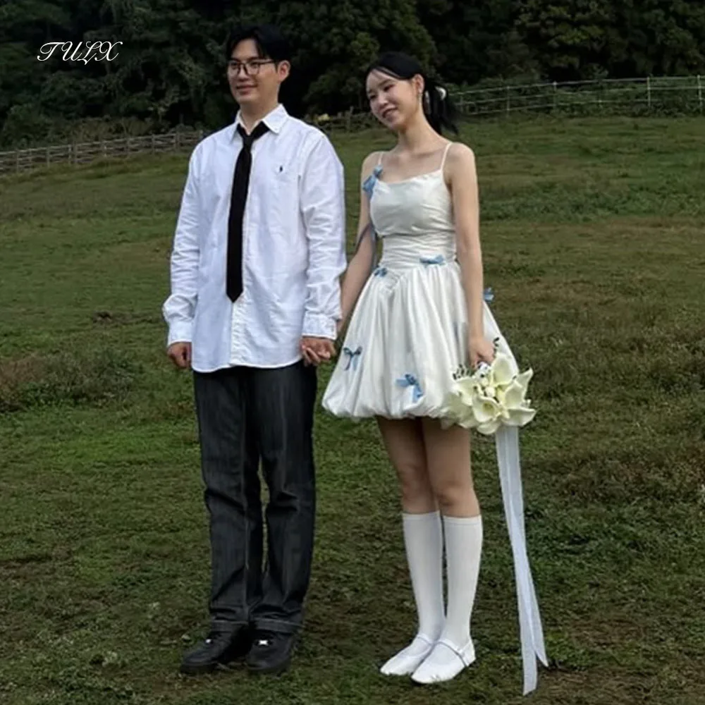 

TULX Mini Ivory Satin Bow Wedding Dress Korea Photo Shoot O Neck Strap Bridal Gowns A line Short Above Knee Corset Customized