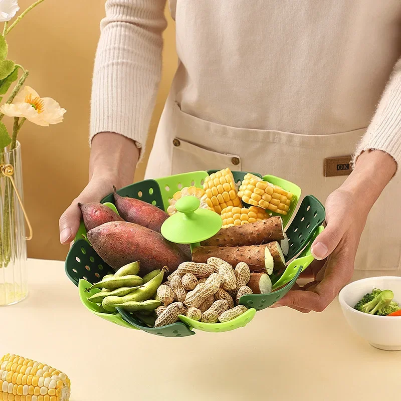 Collapsible Vegetable Steamer Basket Folding Food Steam Rack Stainless Steel Tray for Fish Seafood Dumpling Egg Healthy Cooking