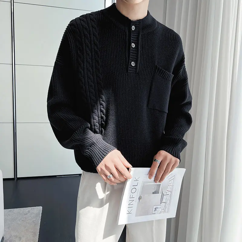 

Knitted Casual Basic Button Sweaters Men's Clothing Solid Color Autumn Winter O-Neck Stylish Pockets Spliced Vintage Pullovers