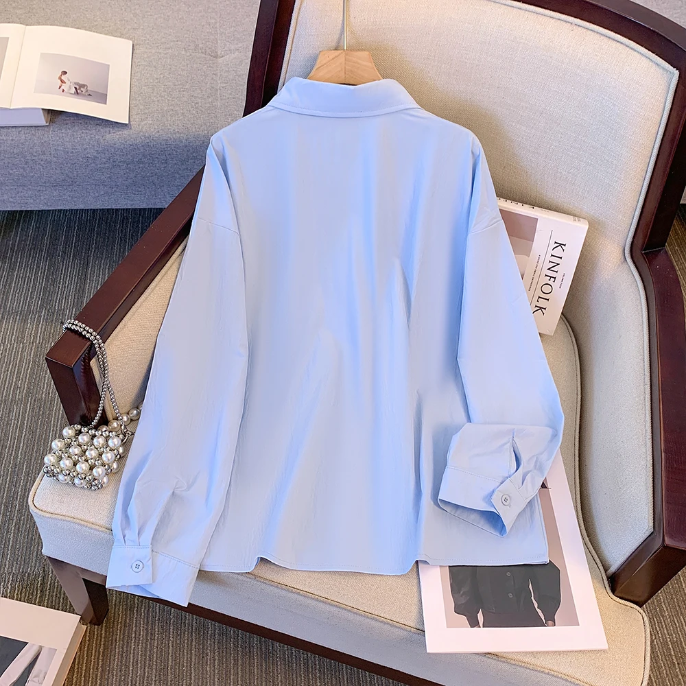 Plus-size Women's Summer Casual commute Loose comfortable shirt Hong Kong style blue Long sleeve lapel button pocket top 2024