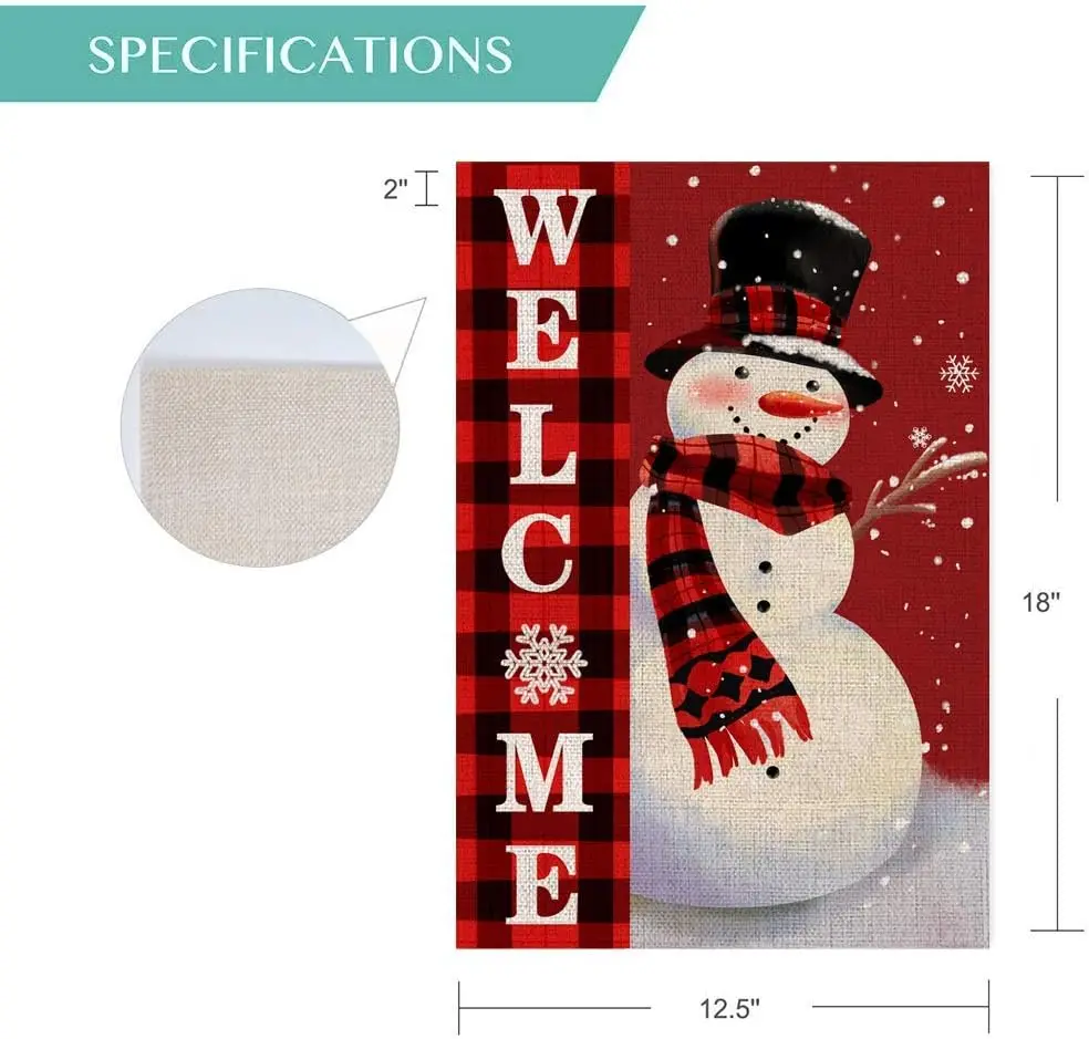 Welcome Christmas Garden Flag Double Sided Snowman with Buffalo Plaid Scarf Garden Flag, Winter Christmas Rustic Yard Outdoor De