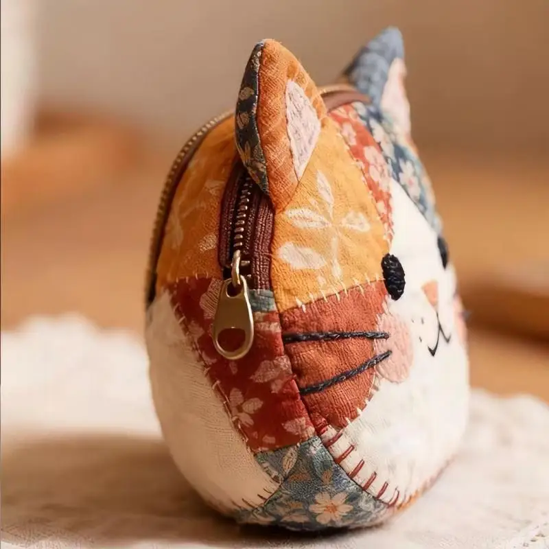 Fashion Portable Waterproof Patchwork Coin Purse Cat Zipper Design Small Cosmetic Pouch Storage Case Home Travel