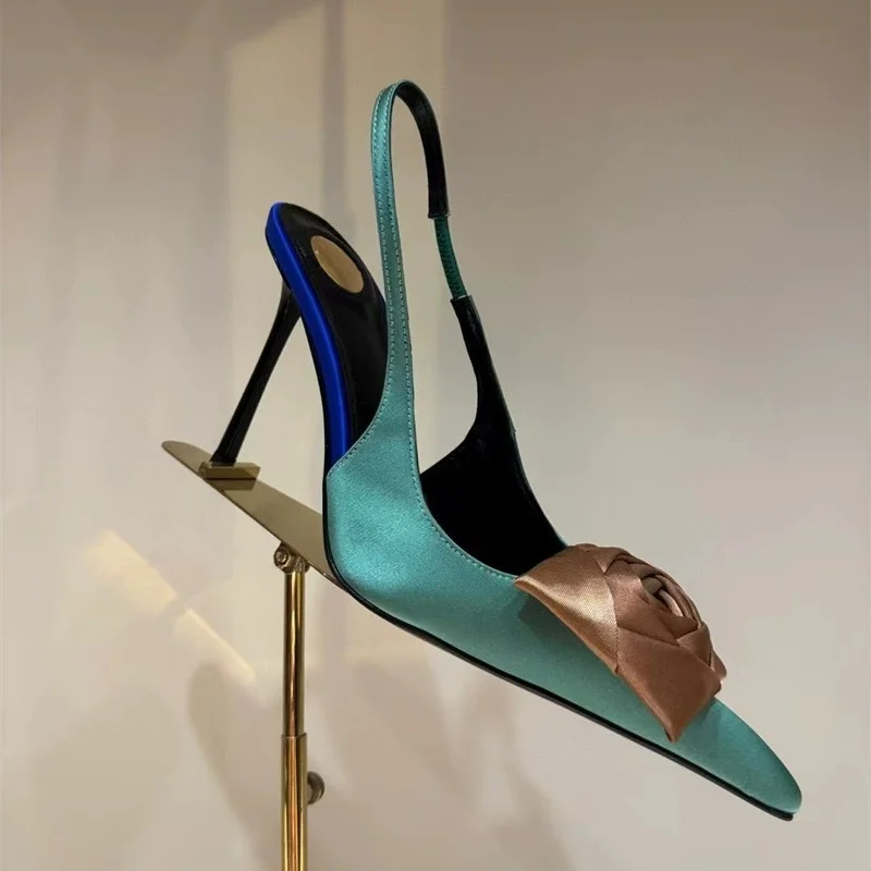 

Stiletto High Heel Rose Flower Sandals for Women Sexy Pointed Toe Silk Shallow Shoes Back Strap Slingback Sandals Big Size 40-44