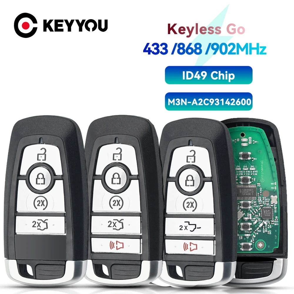 KEYYOU M3N-A2C93142600 4/5 Buttons Smart Remote Car Key 433/868/902mhz ID49 for Ford Edge Fusion Expedition Explorer Mustang