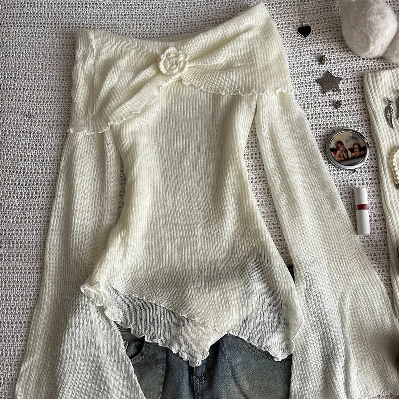 French Style One Shoulder Long Sleeved Irregular Fungus Edge Base Knitted Sweater Versatile and Unique Slim Fit Y2K Top