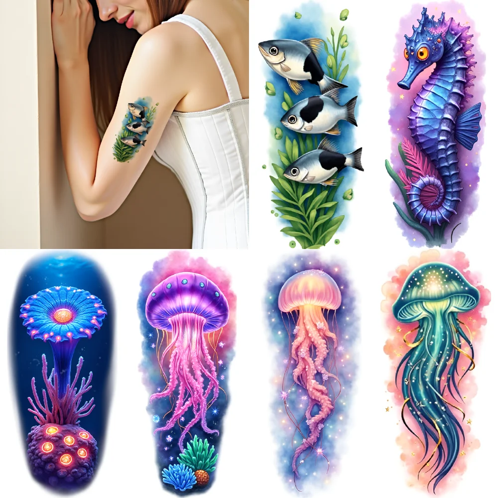 

12 шт., временные татуировки, реалистичные временные татуировки, морской дракон, медуза, морской конек для взрослых, бедер, мужчин