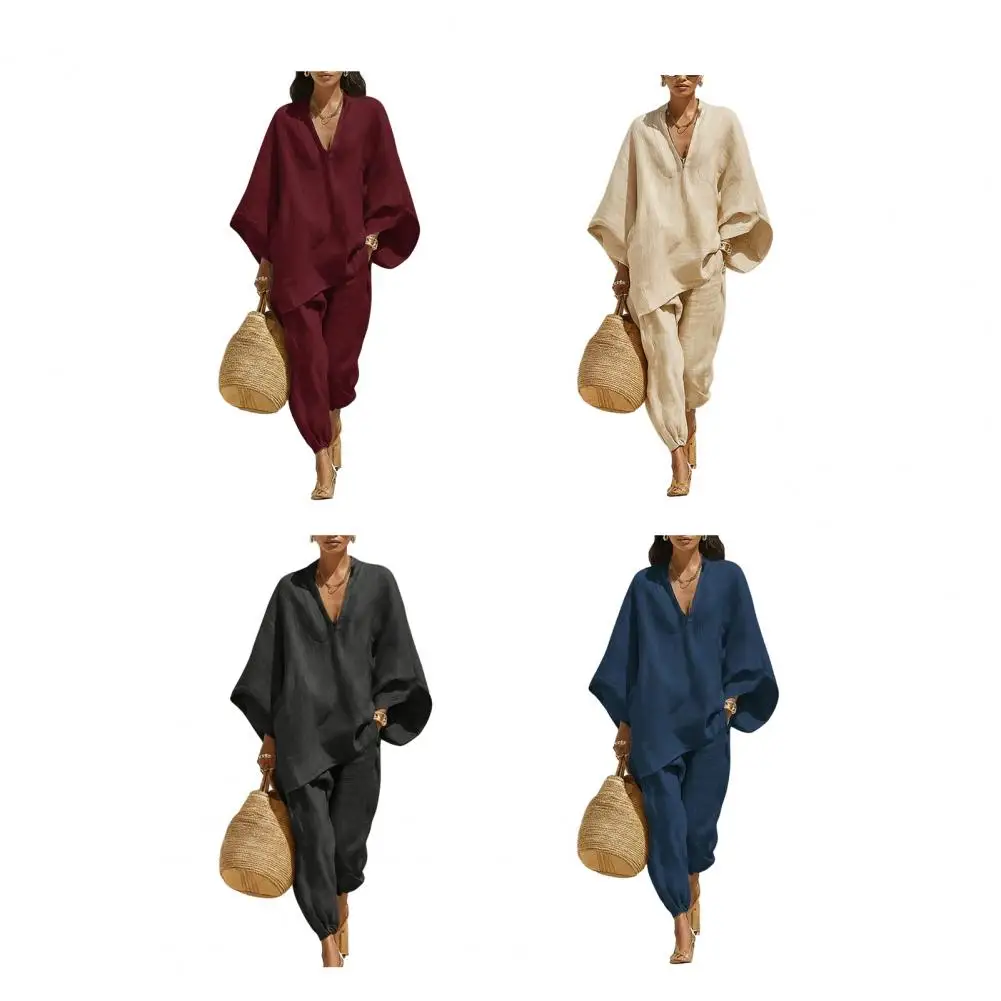 

Linen Casual Pants 2 Pieces Sets Women Loose Stand Collar Shirts Wide Leg Pants 2026 Spring Lady Outfits
