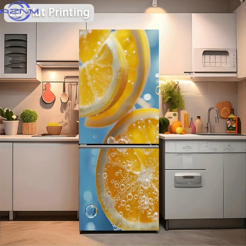1pc 2D Printed Refrigerator Sticker, 60x180cm, Lemon Slices with Bubbles, Self-Adhesive Wall Decal Wallpaper, Suitable for Cab