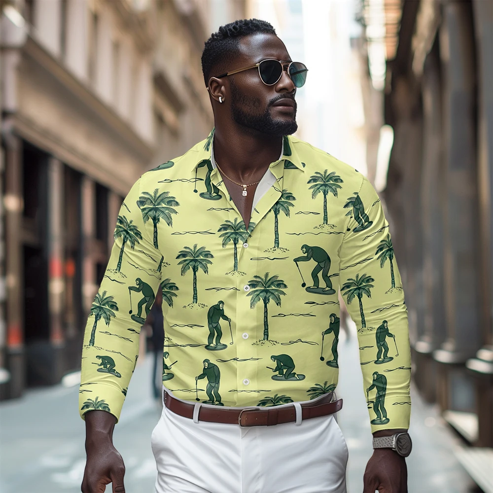 

Beach coconut trees printed pattern long sleeved shirt, Spring and Autumn new style