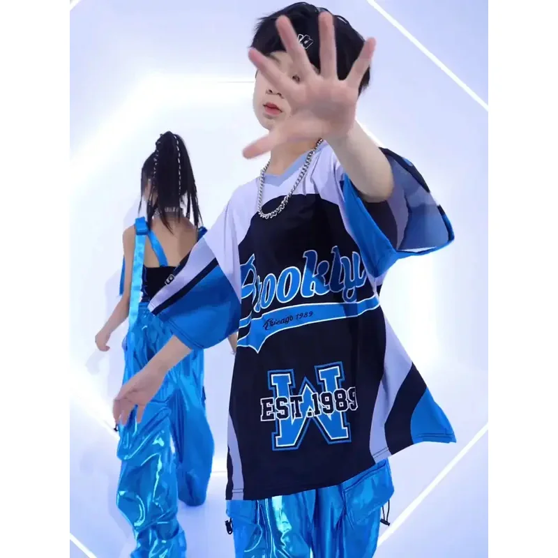 بارد مشرق الأزرق شارع ملابس رقص الاطفال الجاز أزياء ملابس الفتيان الفتيات الهيب هوب قمم كبيرة الحجم السراويل المدرج تظهر الزي