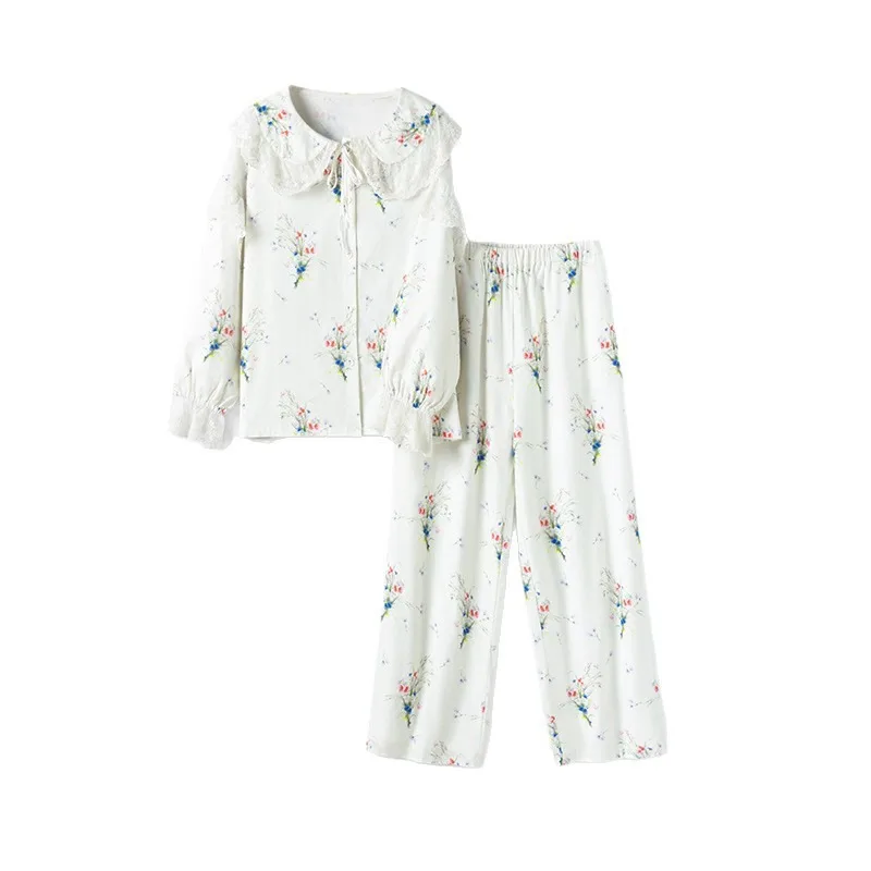 Romantic Princess Pajamas for Women Cute Floral Print Sleepwear Set with Lace Collar Sweet Victorian Style 2 Piece Homewear - view 5
