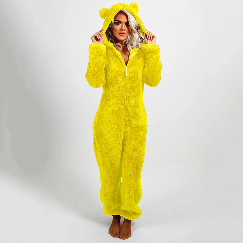 Women Hooded Sleepwear Onesies Fluffy Plush Thermal Warm Hoodies Jumpsuits Rompers Loose Zipper Bodysuits Pajamas Overall 5XL