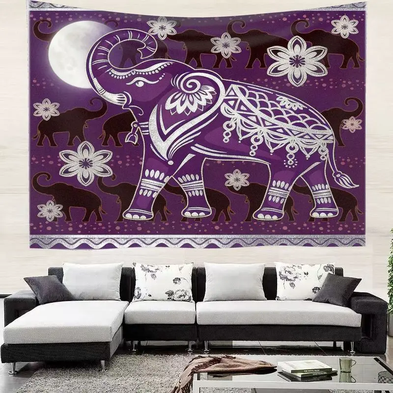 VIKAMA Minimalist Line Art Elephant Mandala Tapestry, Deep Purple Floral Print Wall Decor Blanket