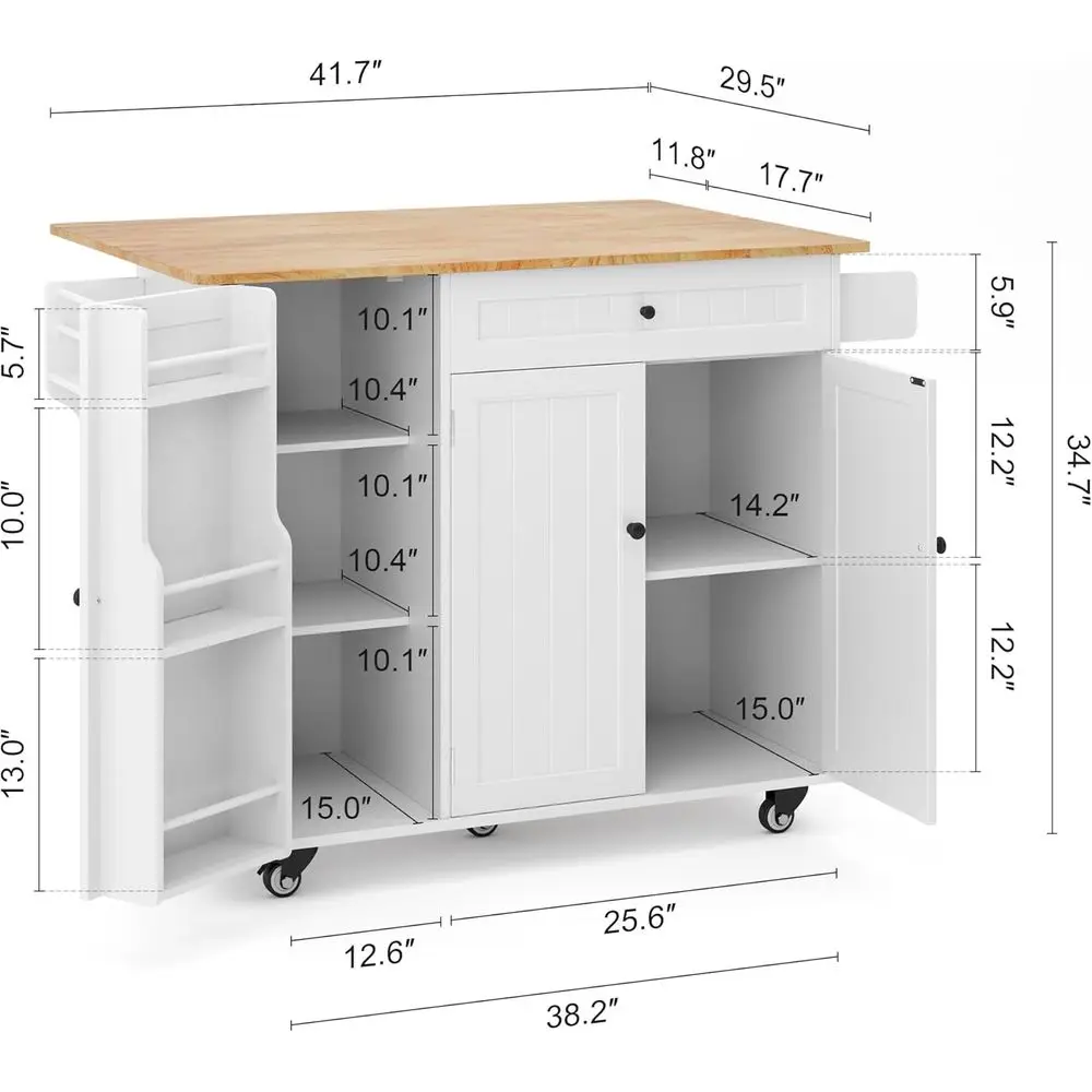 White Kitchen Island with 5 Wheels, Storage Rack, Spicy Rack, Towel Bar, Ample Countertop and Storage Space