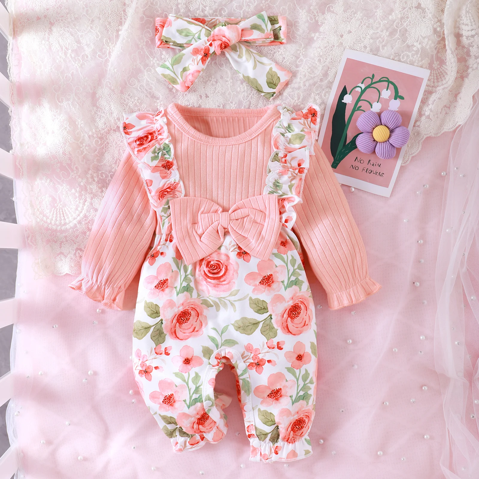 Baby Girl Spring/Autumn Cute and Fresh Small Floral Texture Crepe Fabric Round Neck Fly Sleeve Ruffle Edge Jumpsuit and Headband