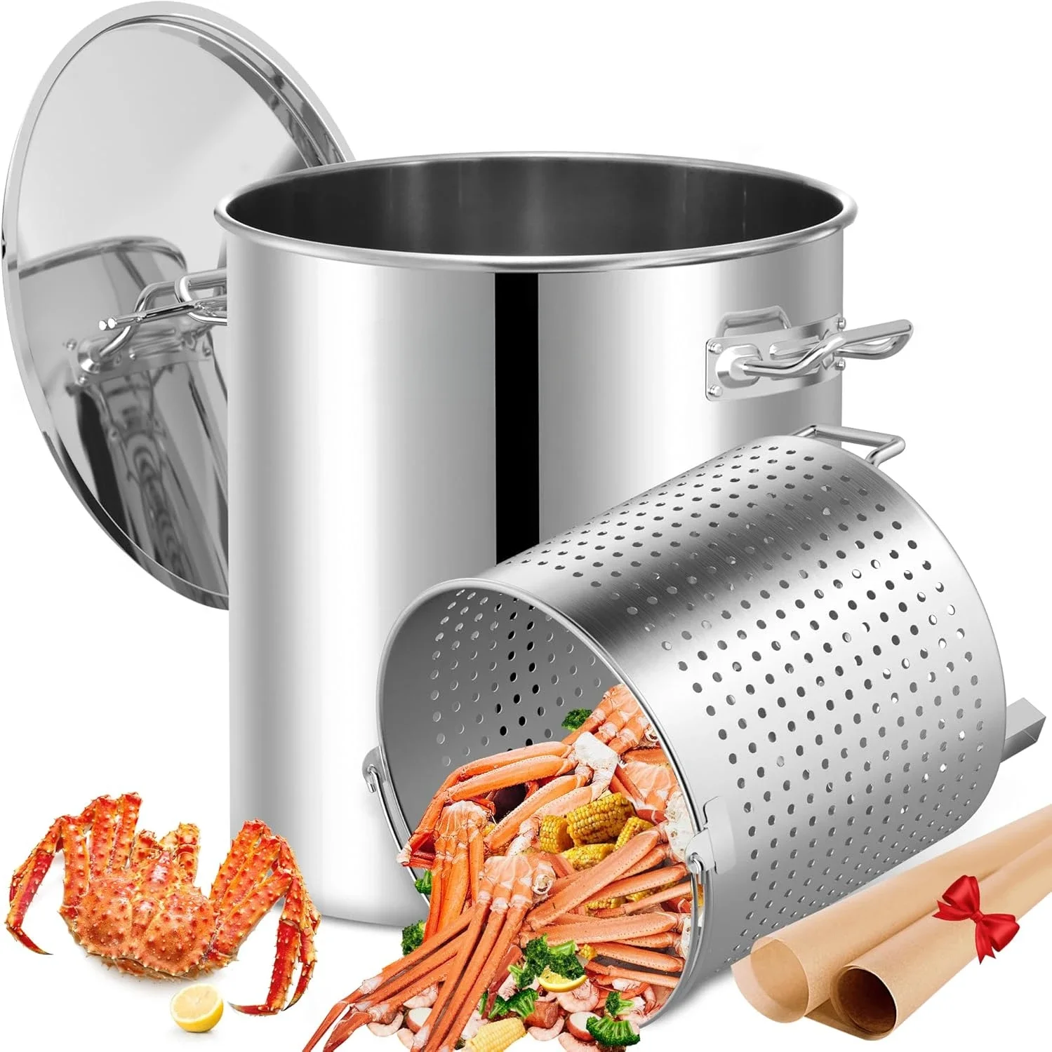 

Большой горшок для кипячения Nordic 100 QT, раков, морепродукты, с корзиной и 2 крышками для столов из коричневой бумаги, нержавеющая сталь с ситечком