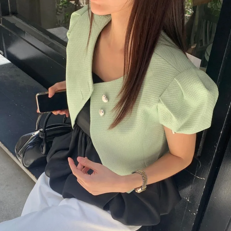 

Women's Bubble Sleeve Suit Jacket round Neck Slim Fit Split Heart Button Anti Aging Short Trendy Top Pure Color Summer 2024