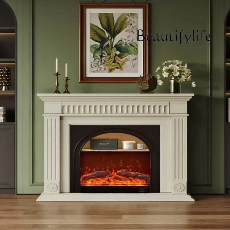 Q S-armario para chimenea negro antiguo con flor tallada, estante para porche, armario decorativo, sala de estar, mueble para chimenea de fuego de simulación