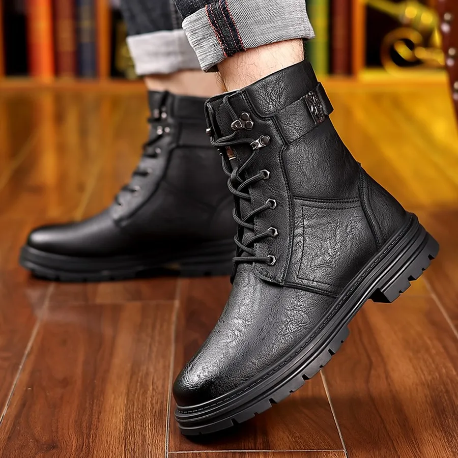 Herren-Winterstiefeletten, Schnürstiefel mit hohem Schaft und verstellbarer Schnalle, strapazierfähige Sohle für Wanderungen und Freizeitkleidung. – Detail 15