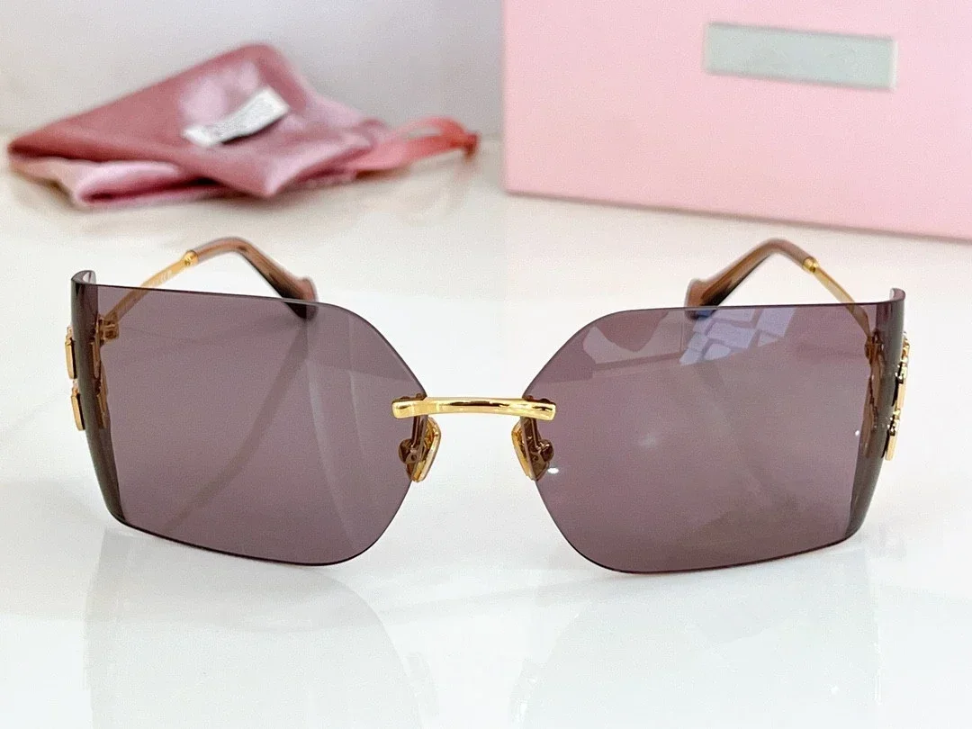 2024 New Luxury Brand, Design Sunglasses, Fashion Luxury Miu Sunglasses, Women\'s Retro Frameless Curved Lens Original Box