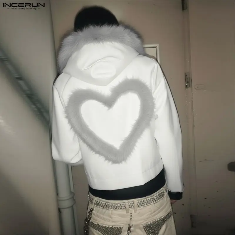 

Мужские куртки INCERUN: плюшевые, с капюшоном, длинными рукавами, на молнии, в стиле пэчворк, уличная мода, свободный крой, корейский стиль, 2026 год